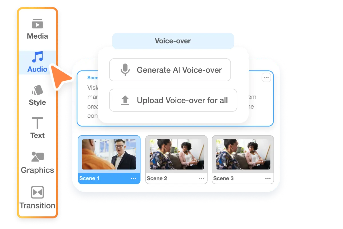 AI Voice Over fully customizable options, including scene-by-scene voice recording and seamless audio syncing for professional video content.